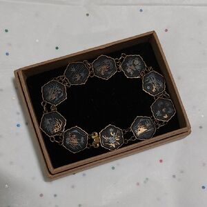 Antique Japanese Inlaid Black, Sterling, Copper and Gold Bracelet Set In Brass